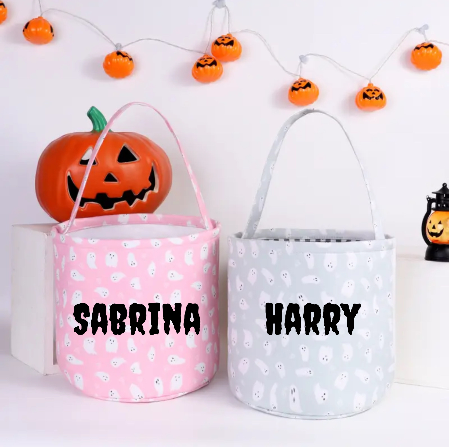 Personalised Halloween Trick or Treat Bucket – Pink or Grey Ghost Design