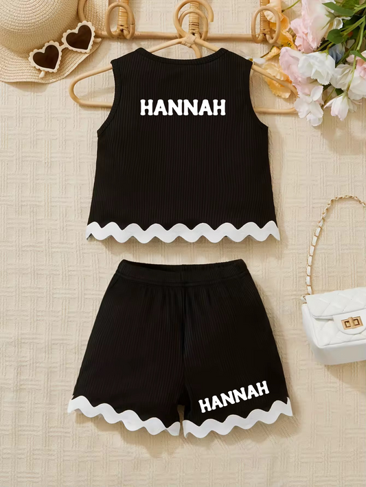 Personalised ribbed shorts set with lace hems