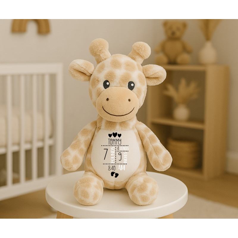 Personalised giraffe Birth stats mumbles mini plushie