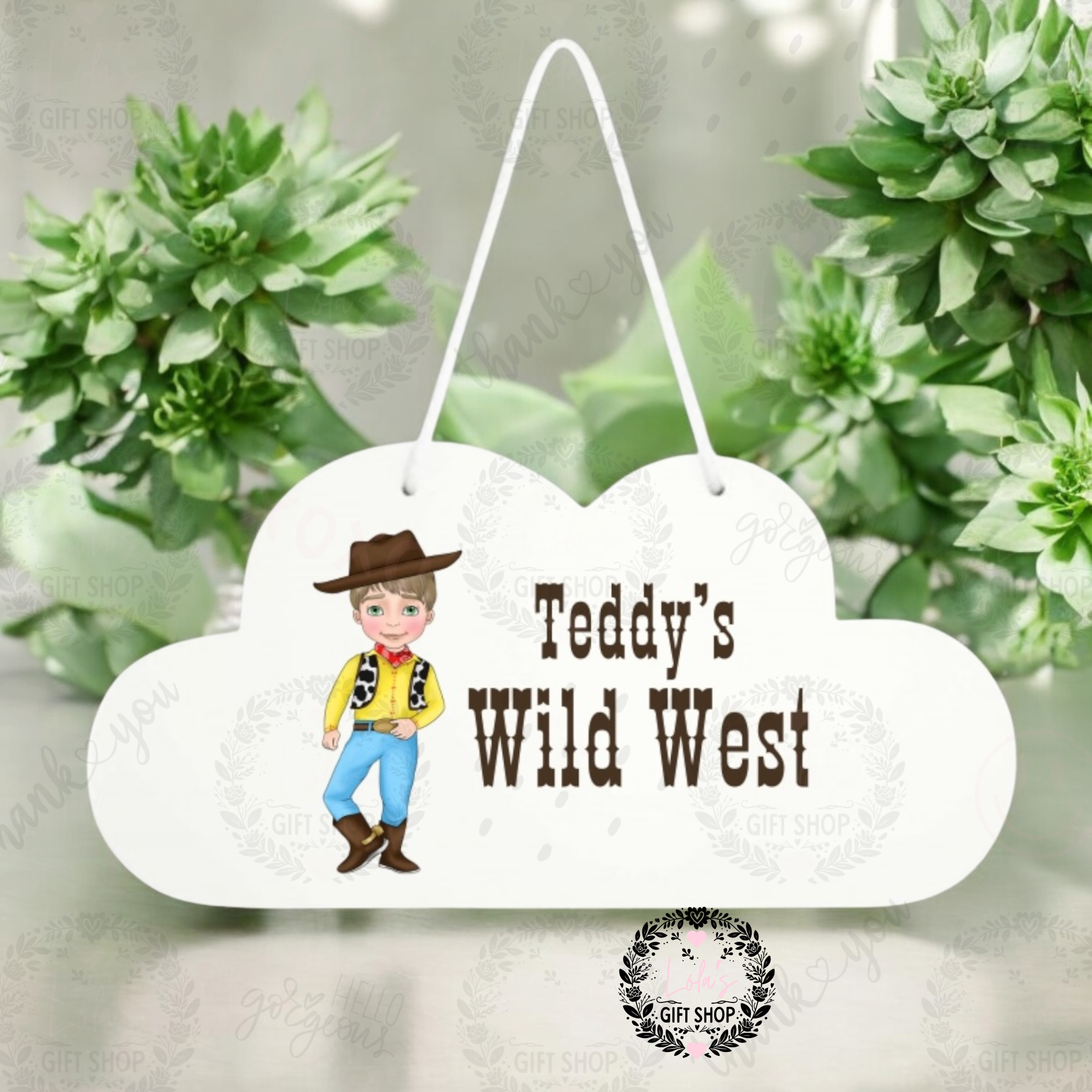 Cowboy/girl wooden hanging clouds