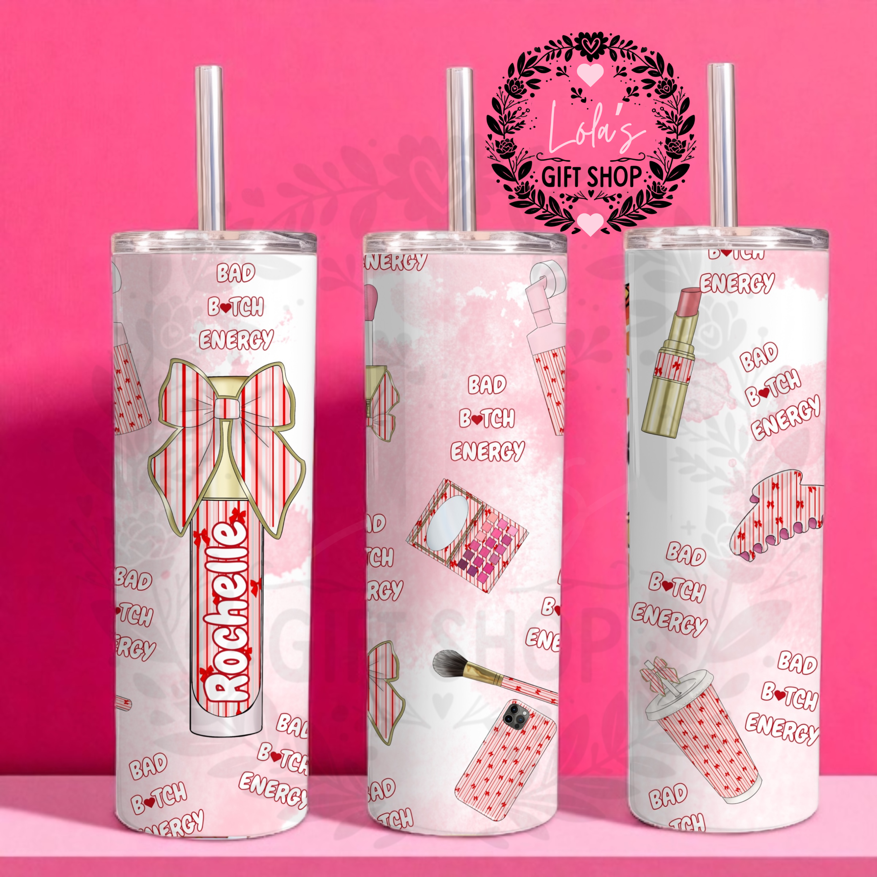 Red stripped make up tumbler personalised