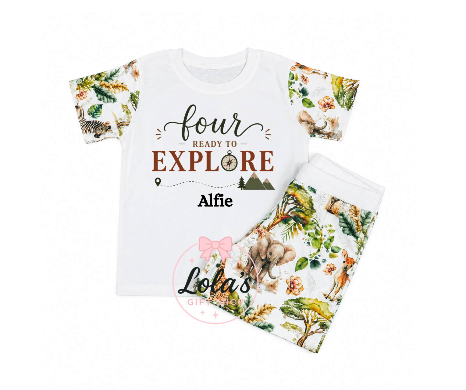 Four ready to explore safari personalised shorts set