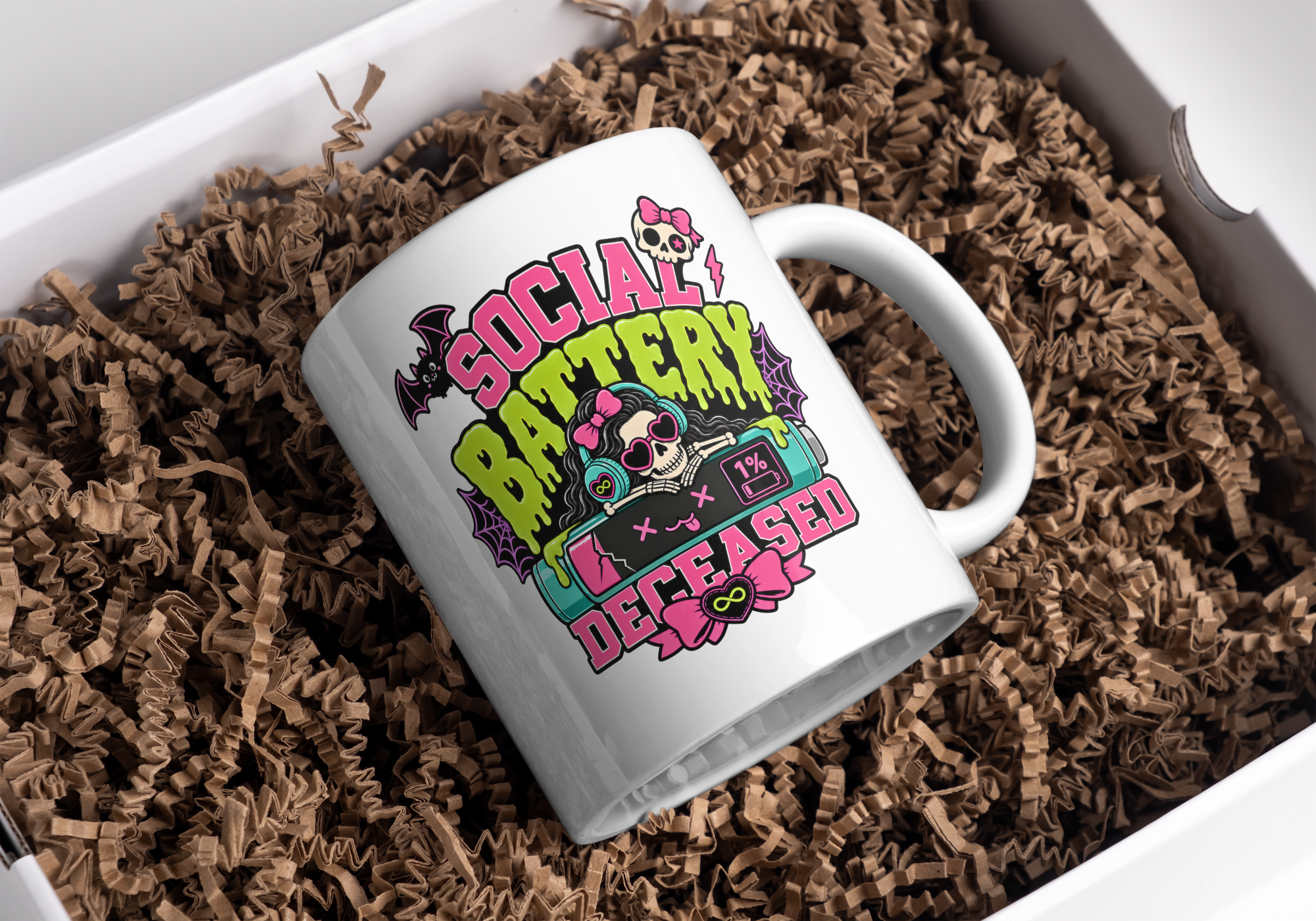 Social battery deceased club hand printed ceramic 11oz mug