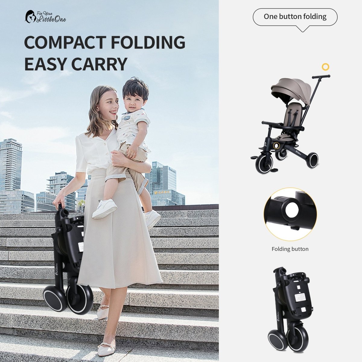 Foryourlittleone Xplor Plus 6 in 1 Foldable Trike - Grey Olive (10m-4y)