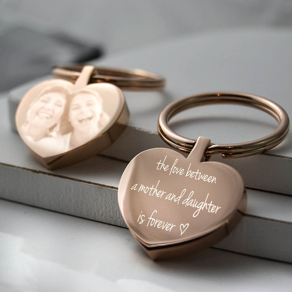 Rose Gold Heart Keychain – Personalised Photo Engraved Keepsake with Velvet Pouch
