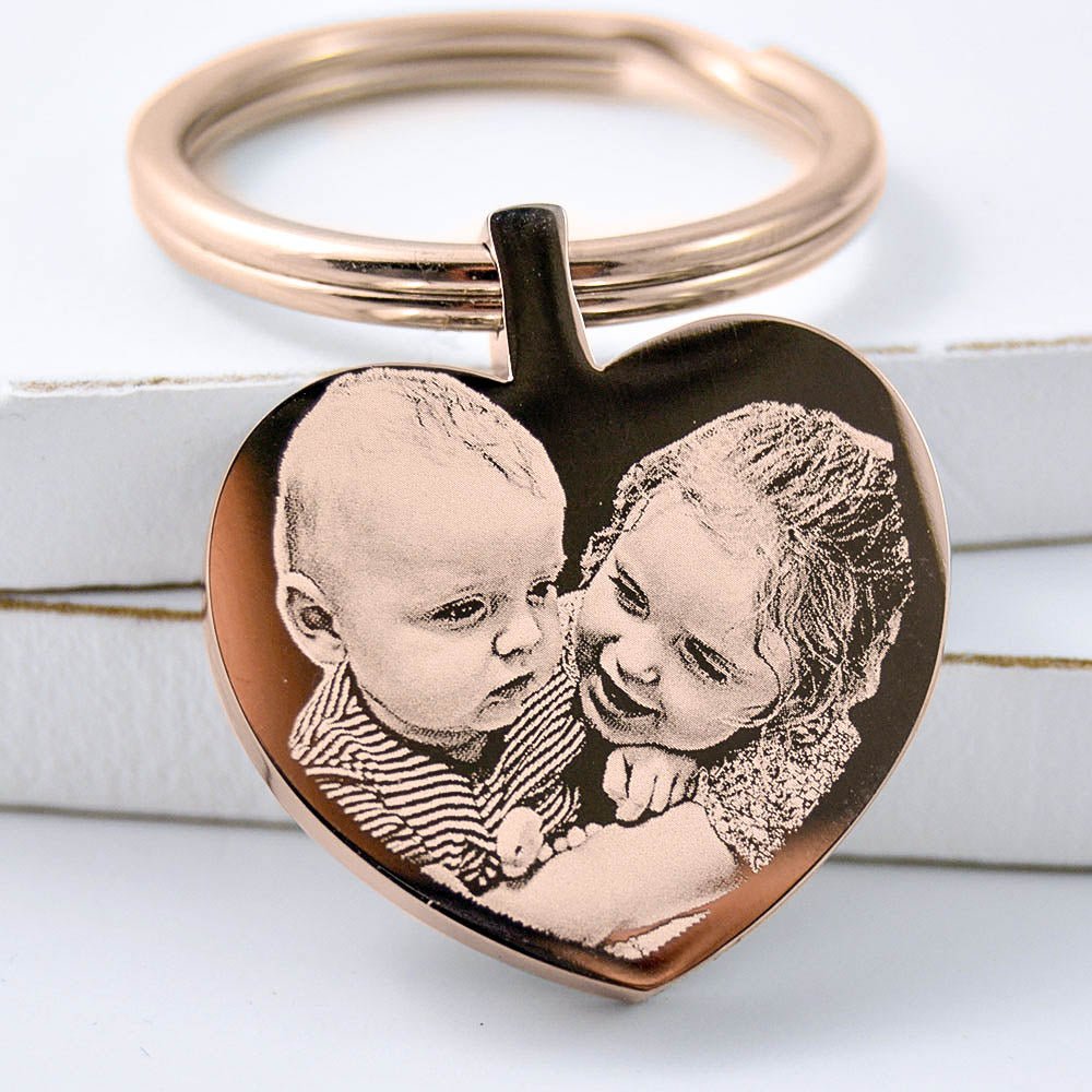 Rose Gold Heart Keychain – Personalised Photo Engraved Keepsake with Velvet Pouch