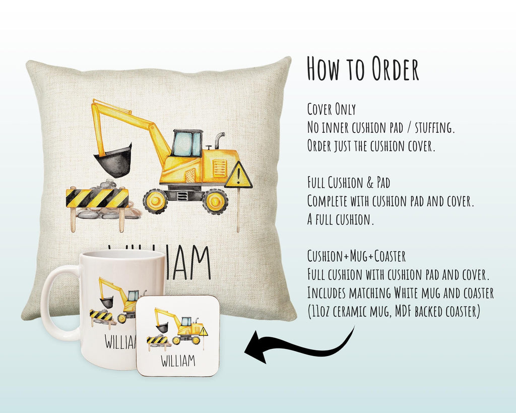 Personalised Digger Cushion Gift Boys Bedroom Printed Name Design - Pillow Gift For Girls Boys Nursery Decor Gift CS508