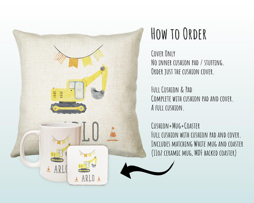 Personalised Digger Cushion Gift Boys Bedroom Printed Name Design - Pillow Gift For Girls Boys Nursery Decor Gift CS260
