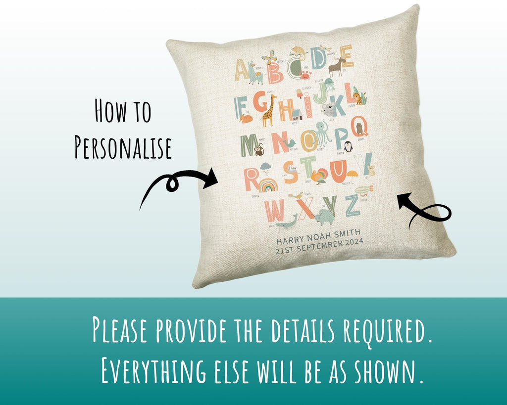 Personalised Alphabet Cushion New Baby Gift Printed Name Design - Pillow Gift For Girls Boys Nursery Bedroom Decor Gift CS445
