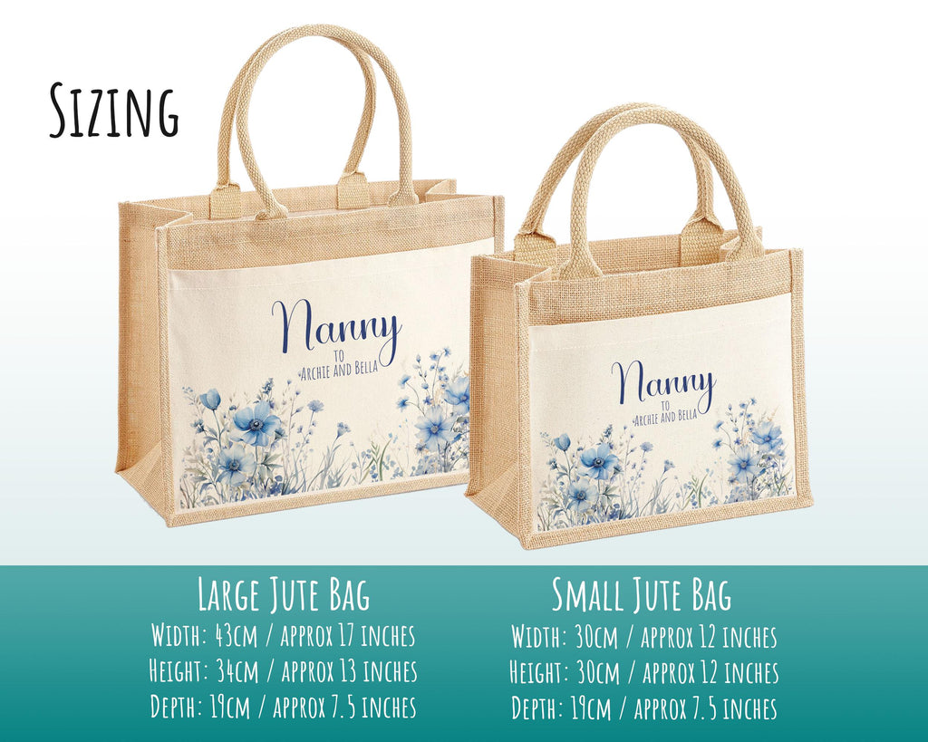 Nanny Gift Personalised Jute Bag - Blue Wild Flowers Tote Bag Gift for Grandma Nan - Custom Shopping Market Bag - Bag for Nan Birthday BT002
