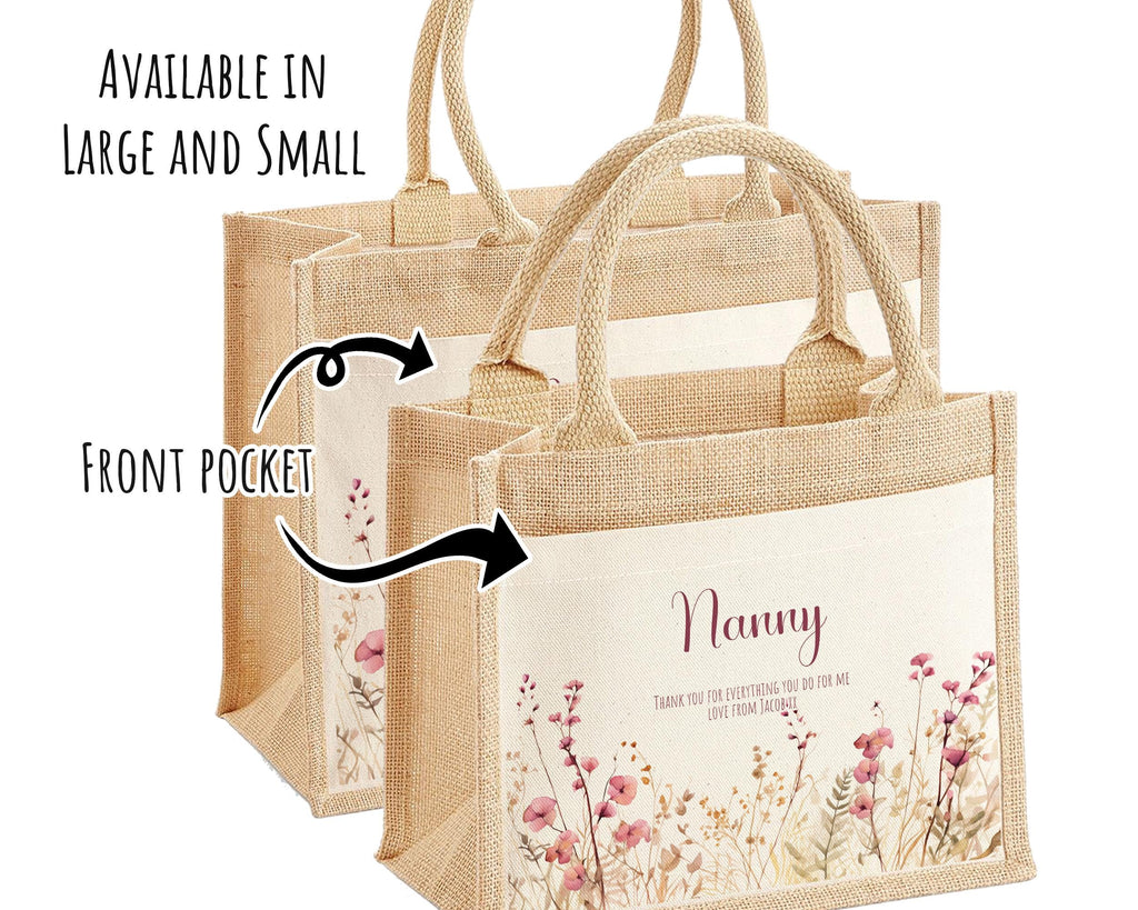 Nanny Gift Personalised Jute Bag - Pink Floral Tote Bag Gift for Grandma Nan - Custom Shopping Market Bag - Nanny Bag for Nan Birthday BT003
