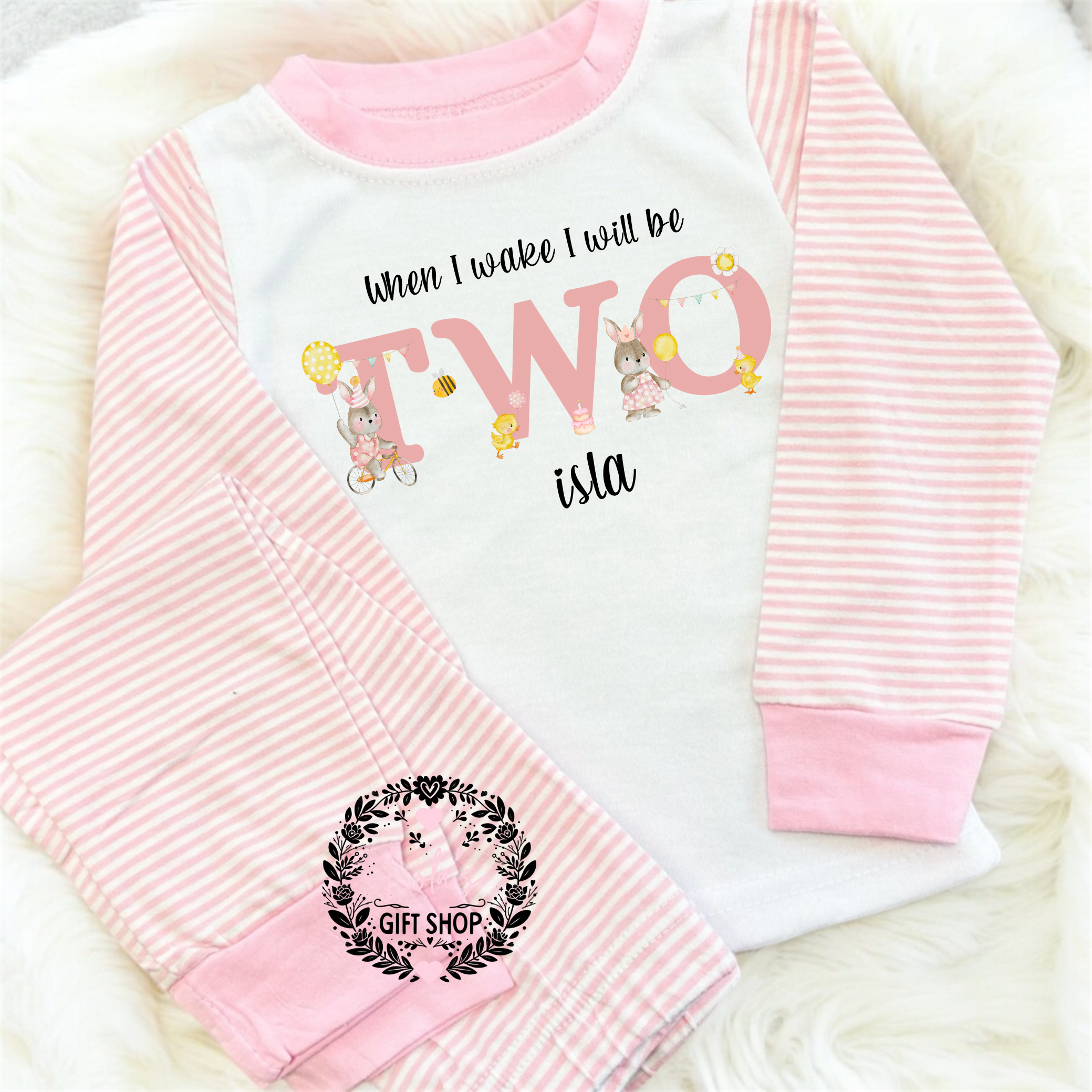 Rabbit and chick wording birthday personalise pyjamas