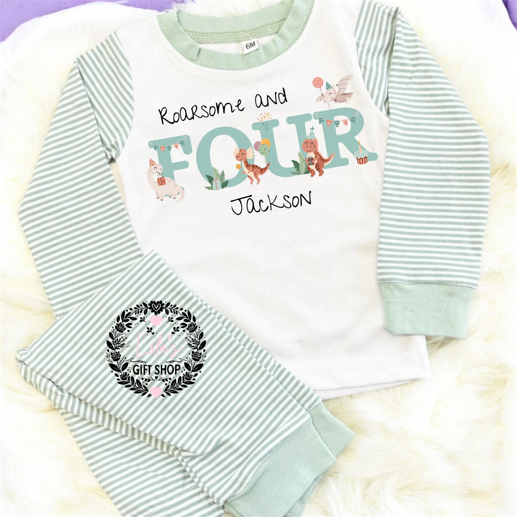 Roarsome and birthday wording personalise pyjamas