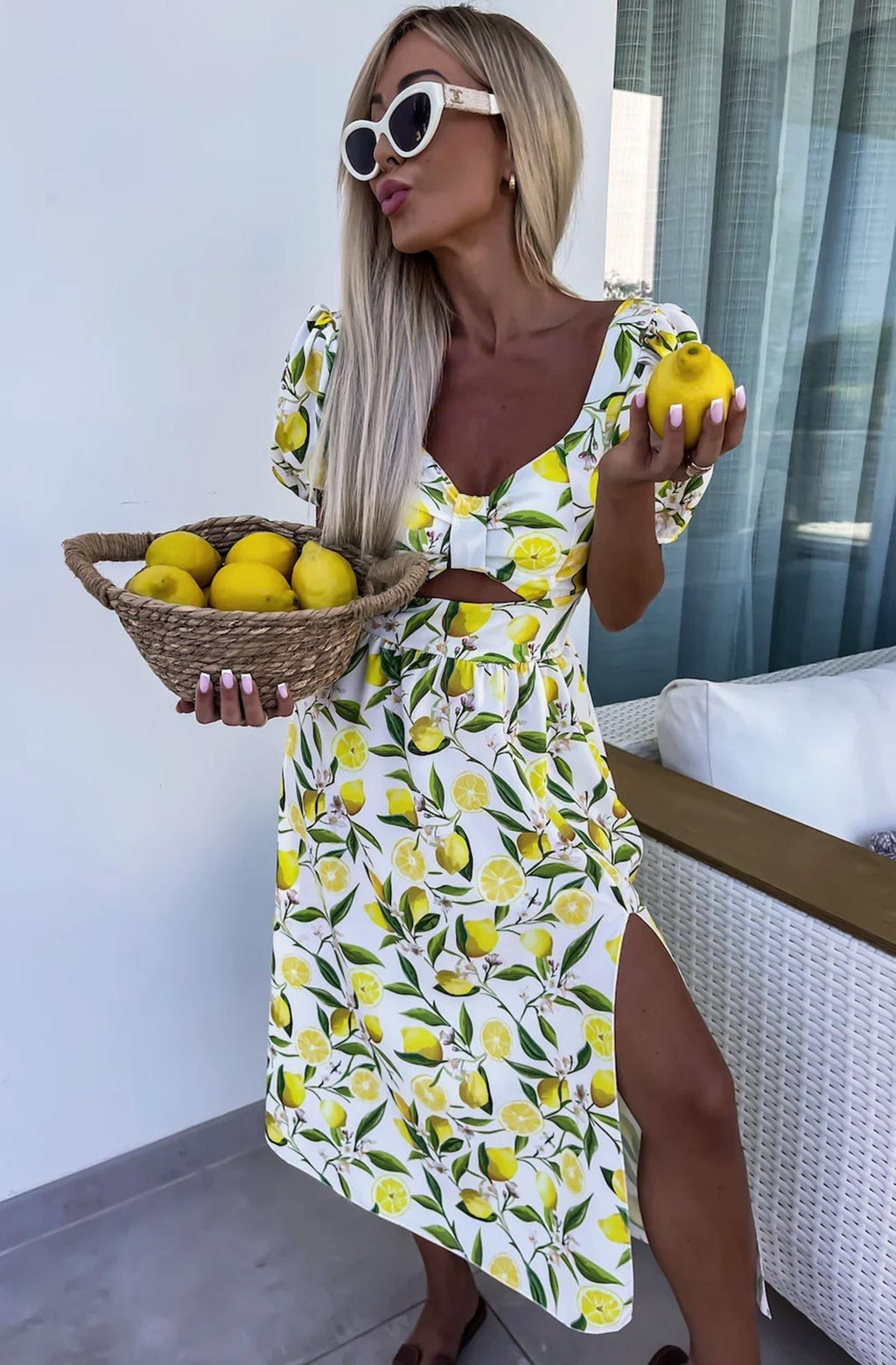 MARIKA 'LEMON' PRINTED CUT-OUT MIDAXI DRESS-IVORY
