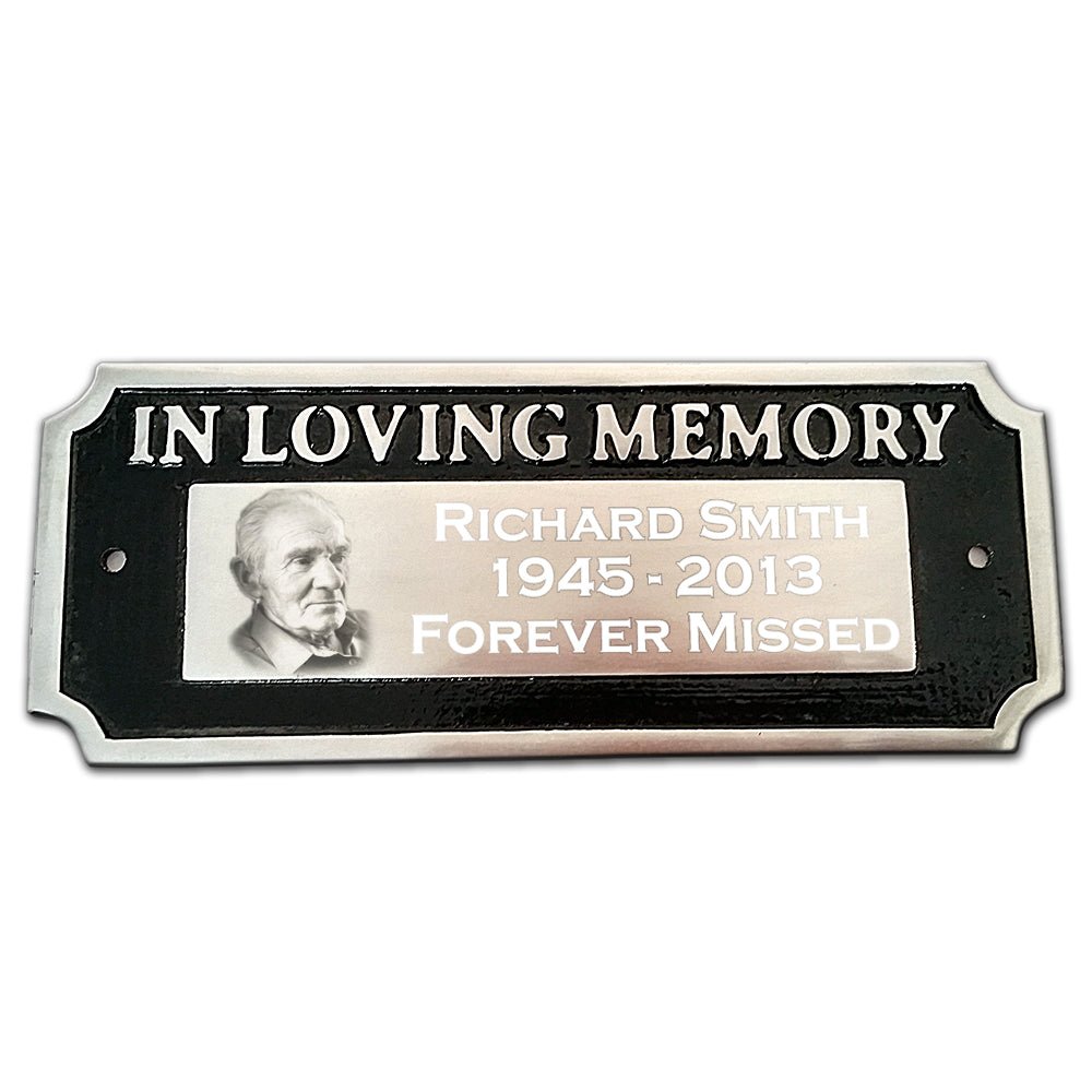 Photo Engraved Bench Plaque – Custom Cast Aluminum Memorial Garden Sign