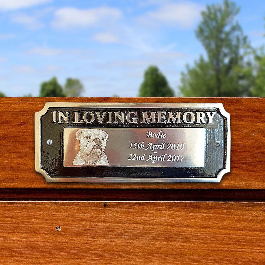 Photo Engraved Bench Plaque – Custom Cast Aluminum Memorial Garden Sign