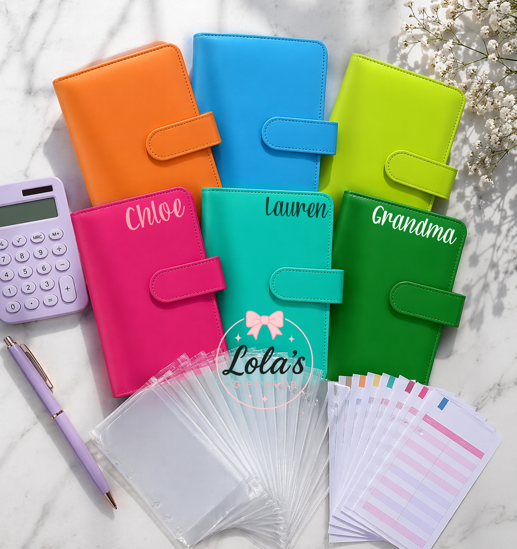 Neon personalised budget binder set includes 3 personalised wallets and 3 budgeting sheets
