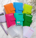 Neon personalised budget binder set includes 3 personalised wallets and 3 budgeting sheets