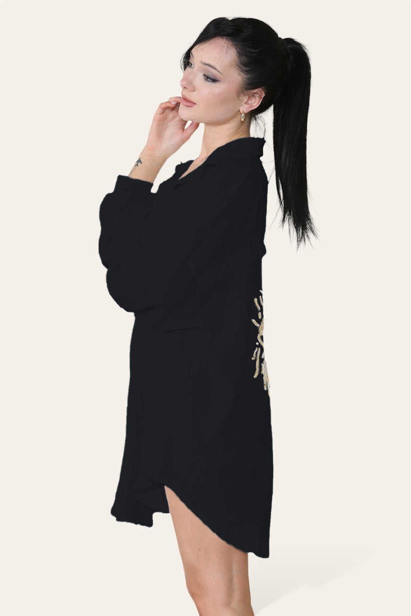 Oversized Long Sleeve Gold Sequin Eye Button Up Shirt