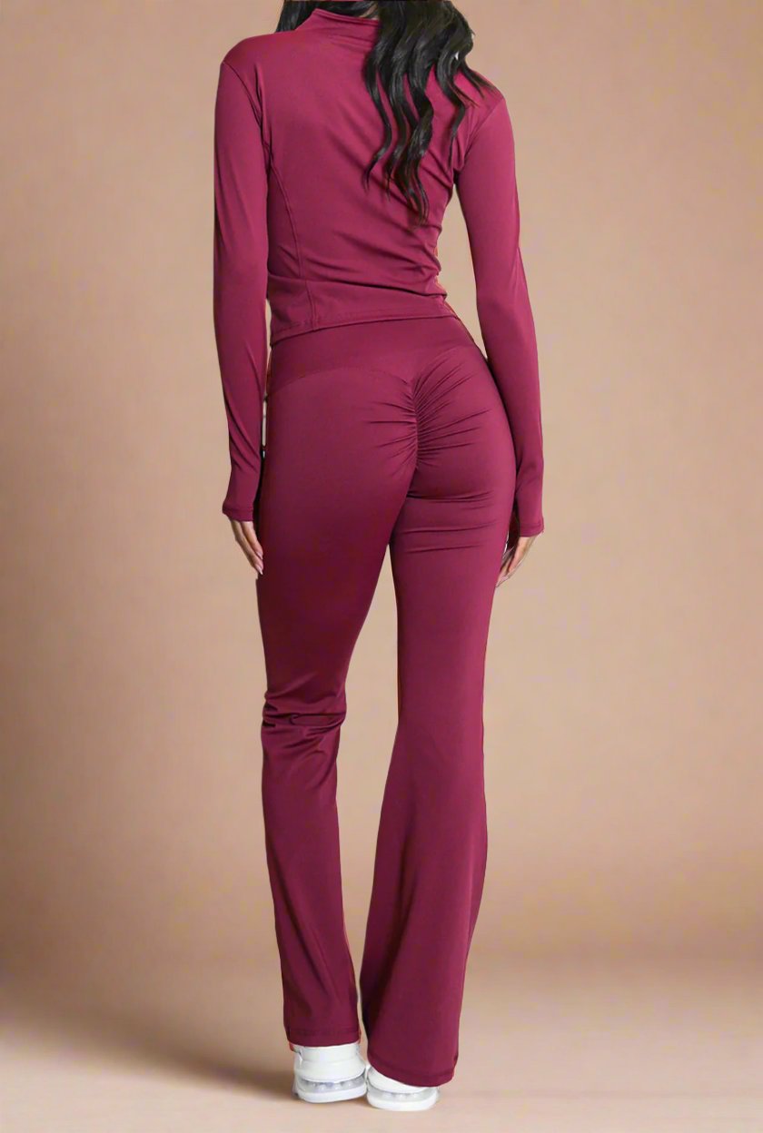 Super Active Zip Top and Push Up Flared Trousers Ruched Bum Gym Set