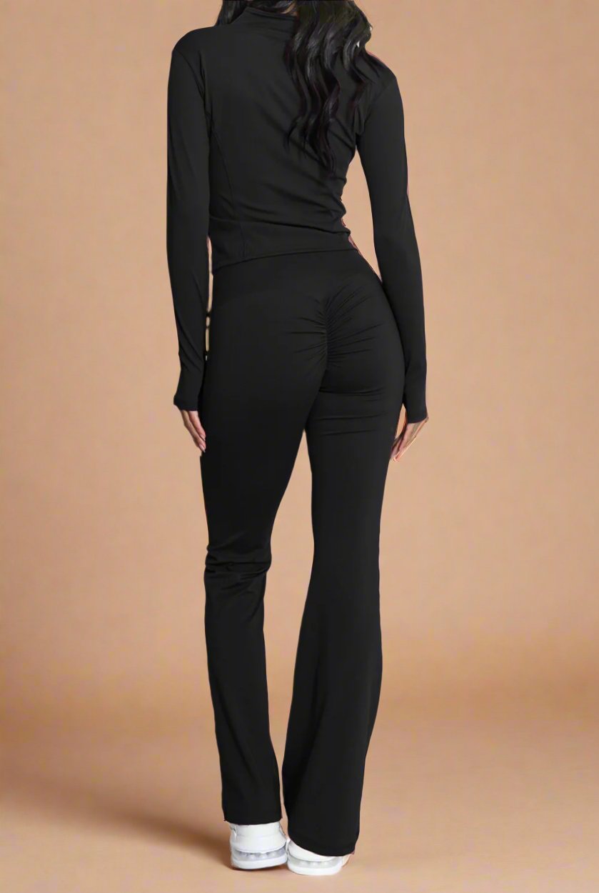 Super Active Zip Top and Push Up Flared Trousers Ruched Bum Gym Set