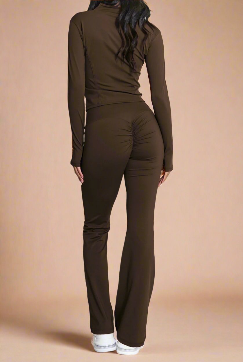 Super Active Zip Top and Push Up Flared Trousers Ruched Bum Gym Set