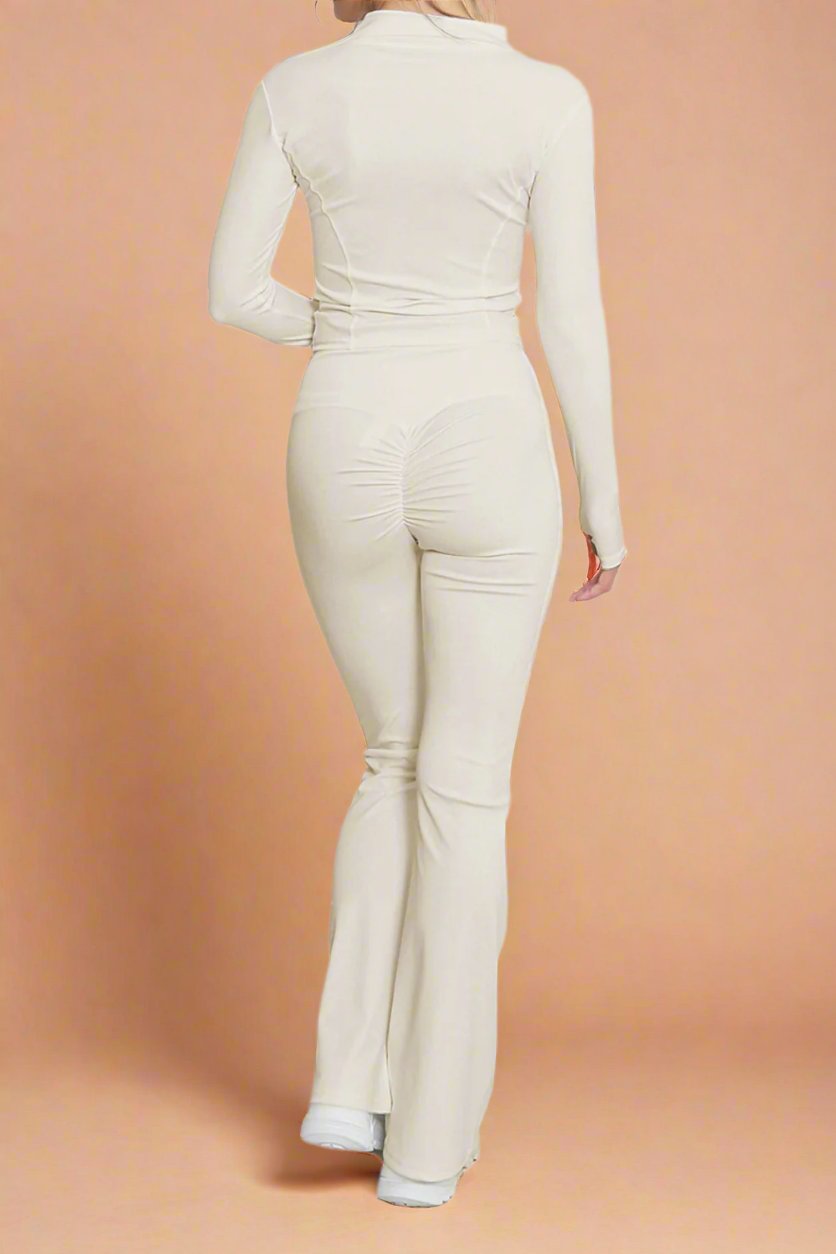 Super Active Zip Top and Push Up Flared Trousers Ruched Bum Gym Set