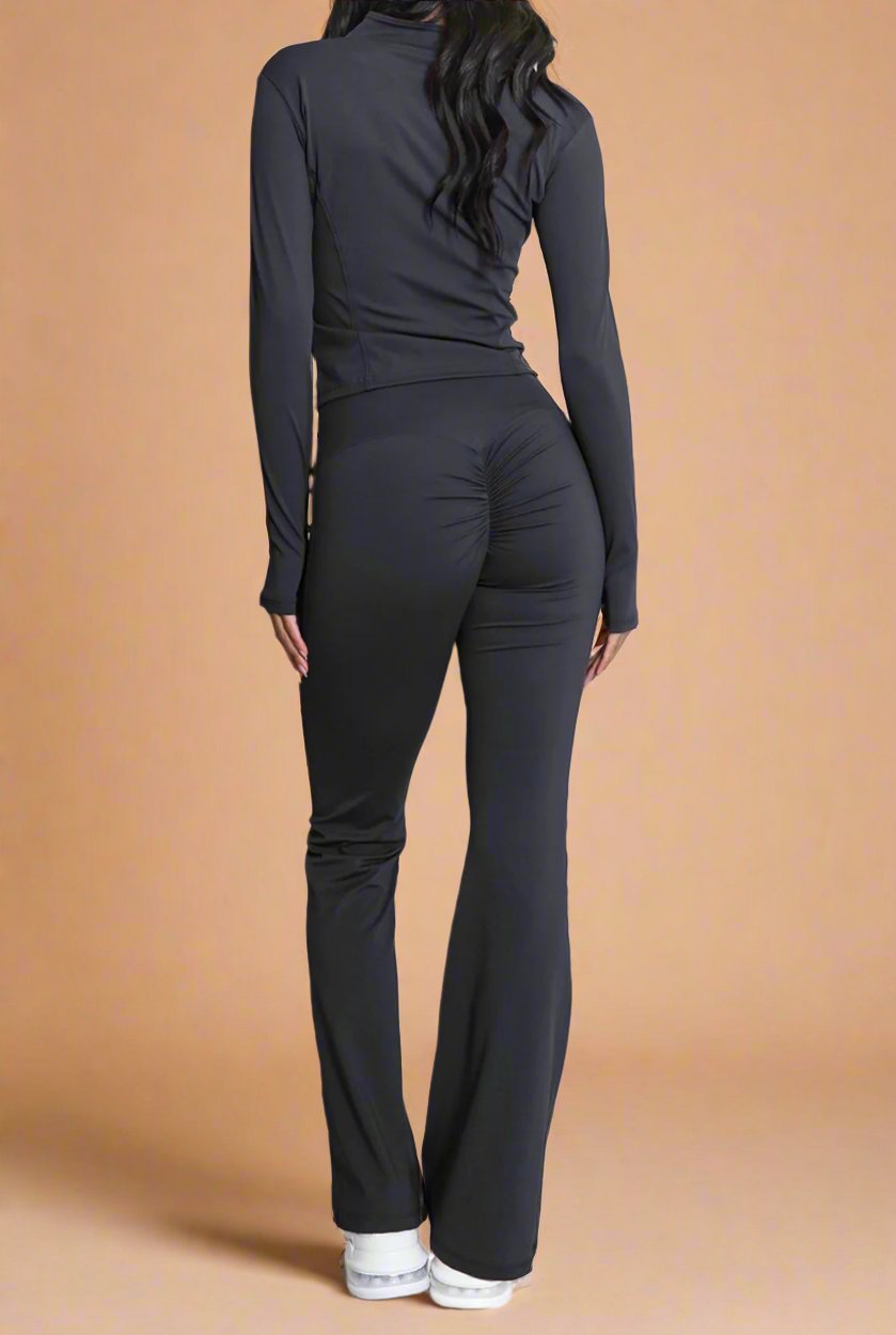 Super Active Zip Top and Push Up Flared Trousers Ruched Bum Gym Set