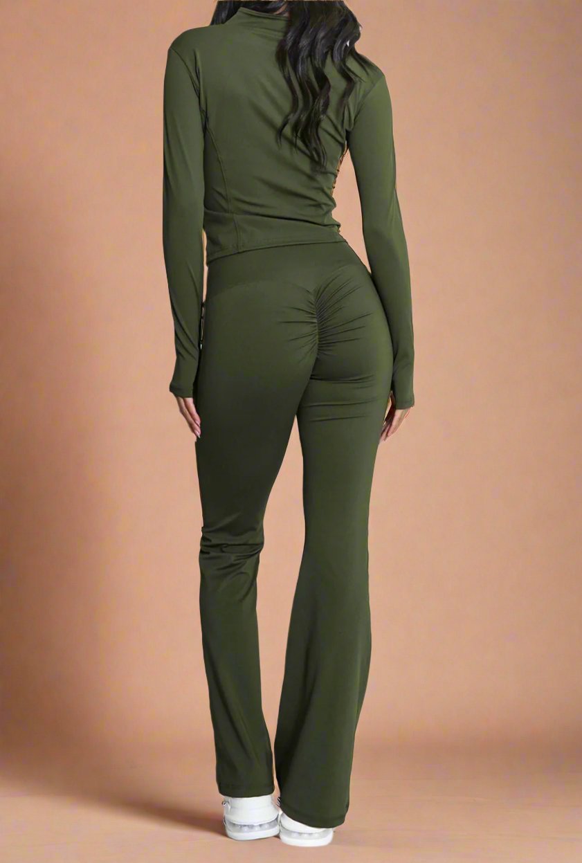 Super Active Zip Top and Push Up Flared Trousers Ruched Bum Gym Set